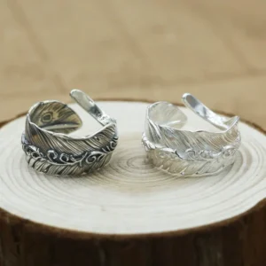 Adjustable Feather Silver Ring