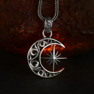 Antique oxidized 925 sterling silver crescent moon north star pendant necklace, moody textured rust rock background boho occult unisex jewelry
