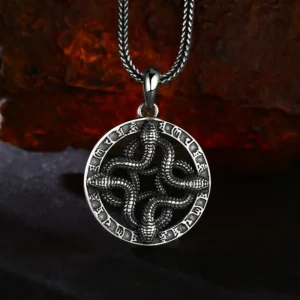 Antique oxidized 925 sterling silver four intertwined snake open‑work rune round pendant, moody rough rock background occult unisex talisman necklace charm
