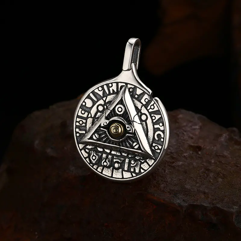 Front close‑up view vintage 925 sterling silver all‑seeing‑eye triangle rune round pendant, embossed mystic symbol occult charm for men women