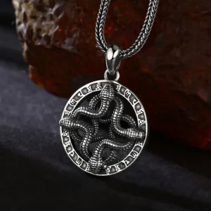 Front close‑up view vintage 925 sterling silver four intertwined snake open‑work rune round pendant, embossed mystic rune border occult charm for men women
