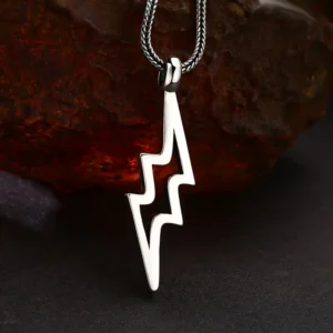 Front view hollow lightning bolt 925 sterling silver men pendant necklace vintage rock style jewelry