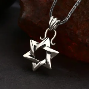 Side‑angle perspective shot 925 sterling silver twisted Star of David pendant necklace for men vintage style