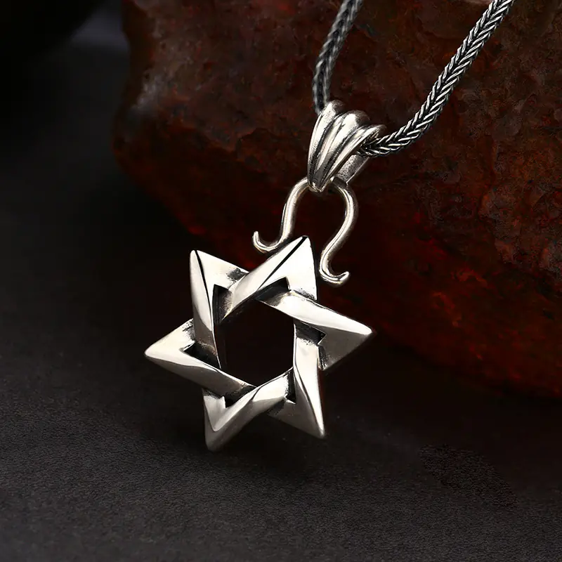 Side‑angle perspective shot 925 sterling silver twisted Star of David pendant necklace for men vintage style