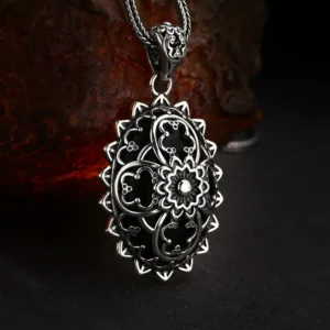 Profile side view 925 sterling silver mandala filigree oval pendant, shows pendant thickness, black enamel and vintage oxidized silver filigree edges