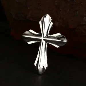 Side‑angled view heavy 925 sterling silver gothic cross pendant, highlighting curved sculpted profile and polished silver surface