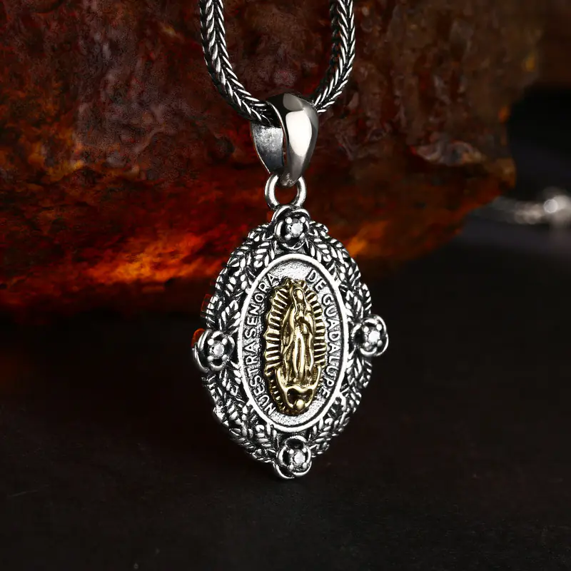 3-retro‑our‑lady‑of‑guadalupe‑925‑silver‑oval‑medal‑pendant‑tilted‑3d‑oxidized‑bail‑detail‑shot.jp Tilted 3D detail shot two‑tone 925 sterling silver Our Lady of Guadalupe oval pendant, antique oxidized finish showing solid thickness and heavy‑duty bail