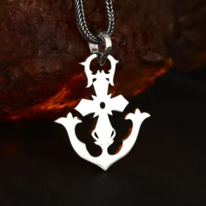 Back‑side close‑up of 925 sterling silver anchor cross pendant, smooth polished back plate and engraved hallmark on bail