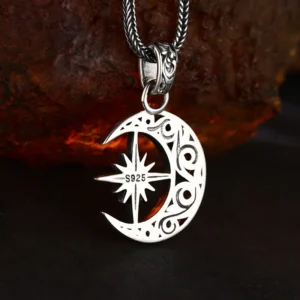 Macro back‑side view of 925 silver crescent moon north star pendant, clear S925 sterling silver hallmark stamp engraved on reverse surface