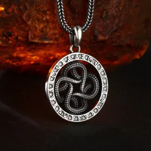 Macro close‑up back view of 925 silver four intertwined snake rune pendant, fine open‑work carving and mystic rune rim vintage occult jewelry