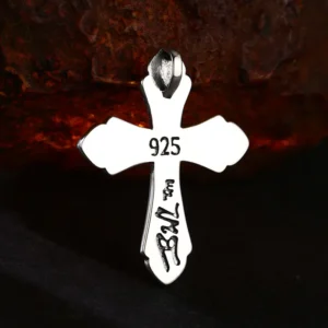 Back‑side close‑up of 925 sterling silver gothic cross pendant, showing clear 925 hallmark stamp and custom brand engraving