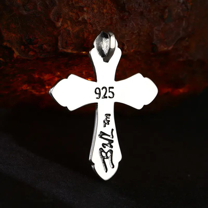 4-925‑sterling‑silver‑gothic‑cross‑pendant‑back‑view‑hallmark‑brand‑engraving‑close‑up.jpg Back‑side close‑up of 925 sterling silver gothic cross pendant, showing clear 925 hallmark stamp and custom brand engraving