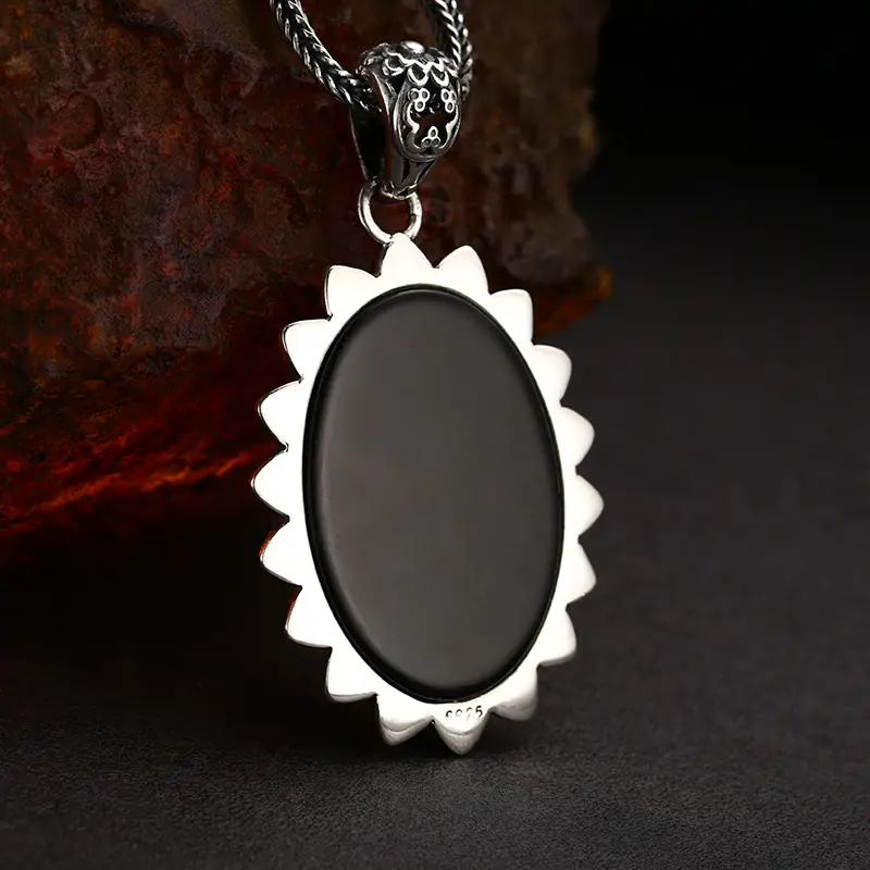 4-925‑sterling‑silver‑mandala‑pendant‑back‑view‑hallmark‑close‑up‑detail‑shot.jpg Macro close‑up back view of 925 sterling silver mandala filigree oval pendant, plain black smooth back surface with 925 silver hallmark stamp
