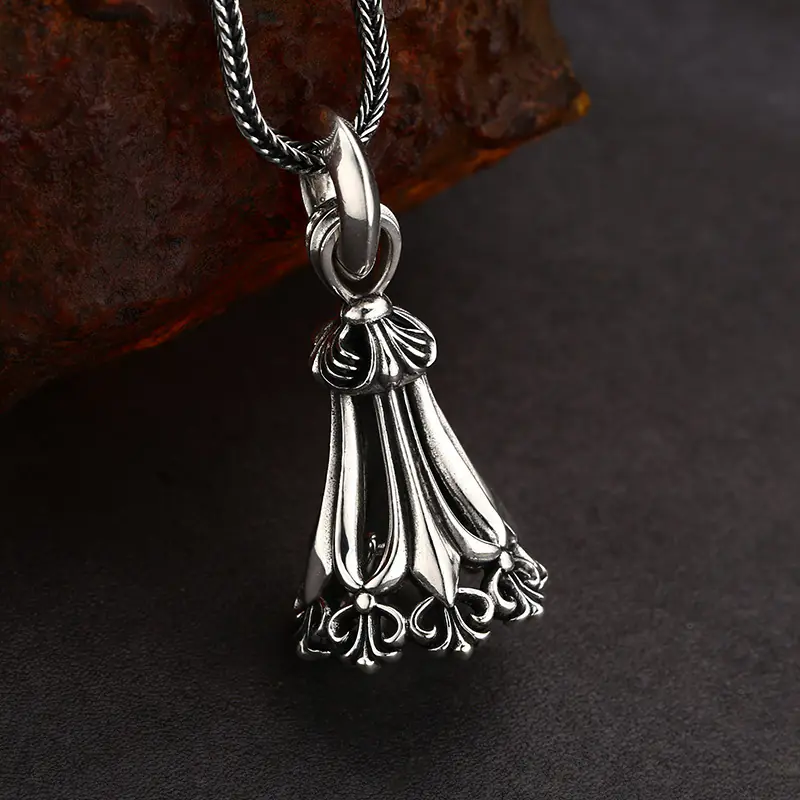 4-925‑sterling‑silver‑tassel‑bell‑pendant‑side‑profile‑angle‑detail‑shot.jpg Side profile view 925 sterling silver vintage tassel bell pendant, thick solid silver structure, hollow filigree retro carved men charm