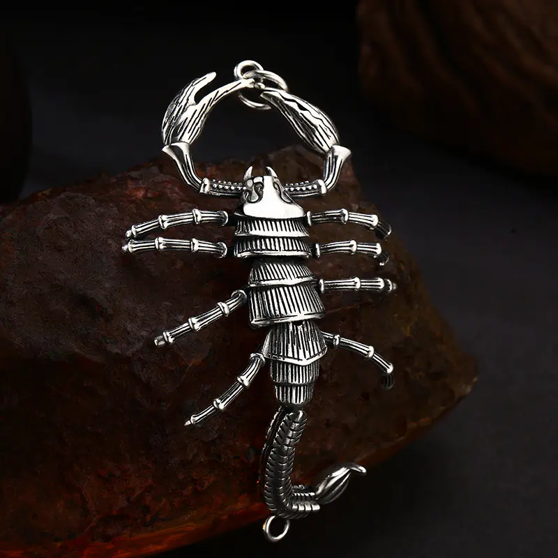 4-articulated‑925‑sterling‑silver‑scorpion‑pendant‑full‑view‑rust‑rock‑display‑shot.jpg Full‑view articulated 925 sterling silver scorpion pendant, completely movable legs claws tail, vintage oxidized gothic biker charm on rock
