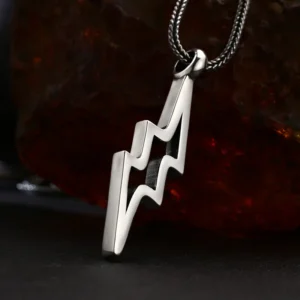 Tilted three‑dimensional detail view hollow lightning bolt 925 sterling silver men pendant necklace