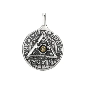 925 sterling silver all‑seeing‑eye triangle rune round medallion pendant, vintage oxidized occult talisman jewelry isolated on white background