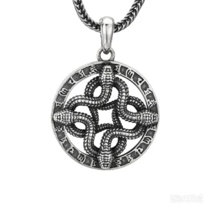 925 sterling silver four intertwined snake openwork rune round pendant with chain, vintage oxidized occult talisman jewelry isolated on white background
