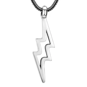 925 sterling silver hollow lightning bolt pendant necklace with wheat chain, isolated white background men streetwear jewelry