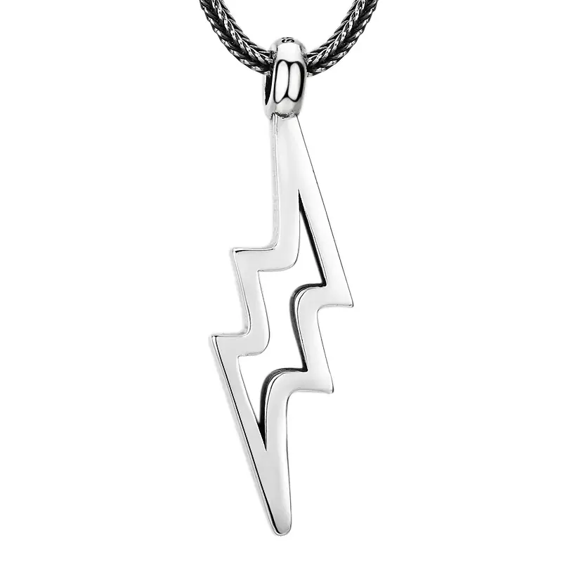 5-925‑sterling‑silver‑hollow‑lightning‑bolt‑pendant‑isolated‑white‑background.jpg 925 sterling silver hollow lightning bolt pendant necklace with wheat chain, isolated white background men streetwear jewelry