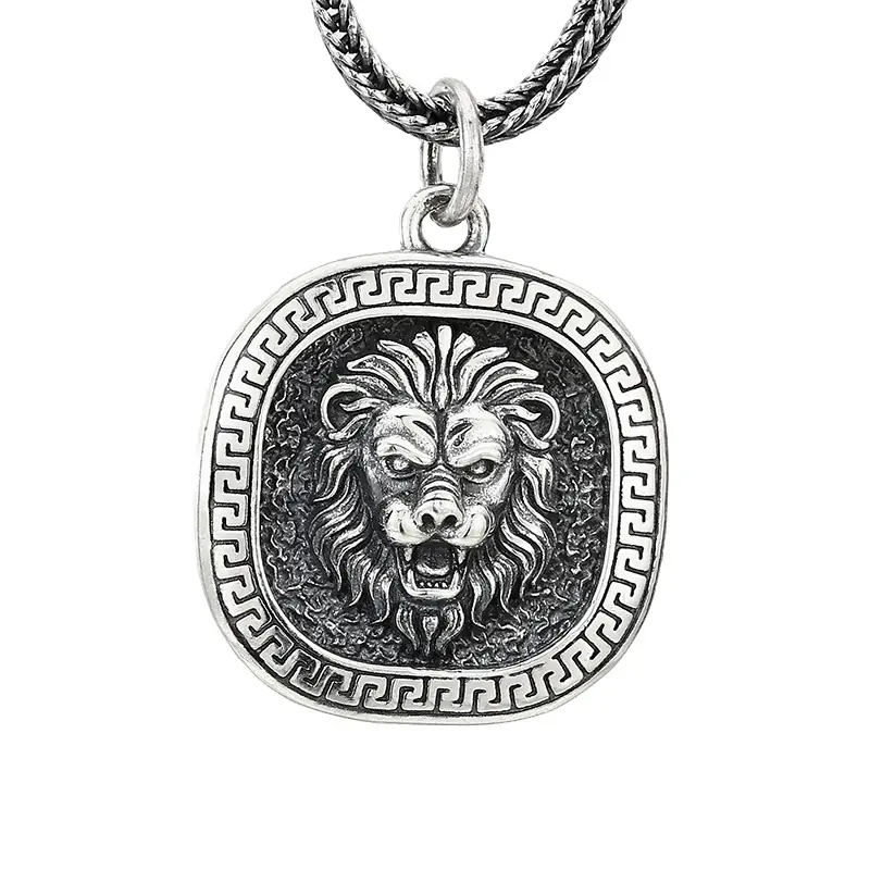 5-925‑sterling‑silver‑lion‑head‑greek‑key‑square‑pendant‑white‑background.jpg 925 sterling silver roaring lion head square pendant with greek key border, vintage oxidized men talisman necklace charm isolated on white background