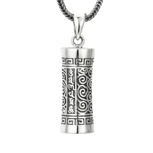 925 sterling silver openable gau box pendant, tibetan om mani mantra engraved prayer cylinder charm with wheat chain isolated on white background