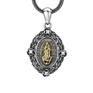 Two‑tone 925 sterling silver Our Lady of Guadalupe oval pendant, double sided medal with angel back, rose border and tiny clear stones, isolated on white background