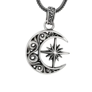 925 sterling silver vintage crescent moon north star pendant necklace with wheat chain, isolated white background unisex boho goth celestial jewelry