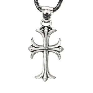925 sterling silver vintage gothic fleur‑de‑lis cross pendant, polished silver cross charm with wheat chain isolated on white background