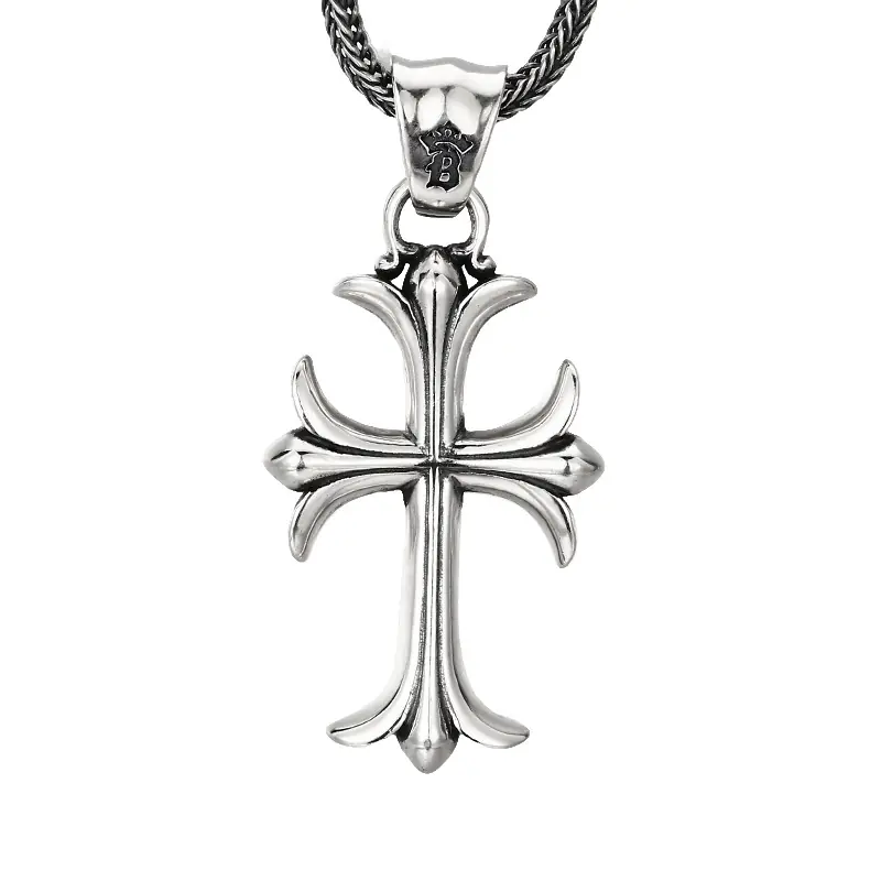 5-925‑sterling‑silver‑vintage‑gothic‑fleur‑de‑lis‑cross‑pendant‑white‑background‑hero‑shot.jpg 925 sterling silver vintage gothic fleur‑de‑lis cross pendant, polished silver cross charm with wheat chain isolated on white background