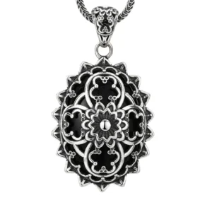 925 sterling silver vintage openwork mandala oval pendant, black enamel filigree floral charm with wheat chain isolated on white background