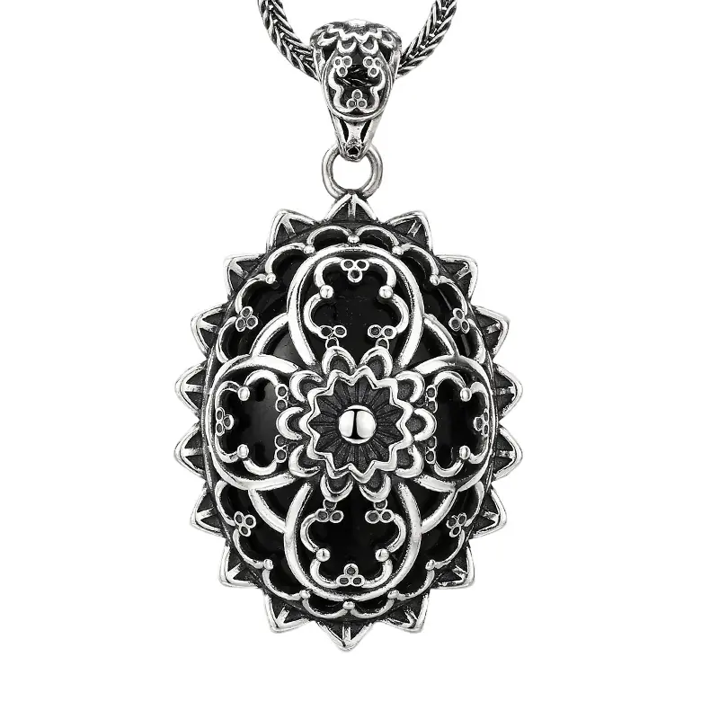 5-925‑sterling‑silver‑vintage‑openwork‑mandala‑black‑enamel‑oval‑pendant‑white‑background‑hero‑shot.jpg 925 sterling silver vintage openwork mandala oval pendant, black enamel filigree floral charm with wheat chain isolated on white background