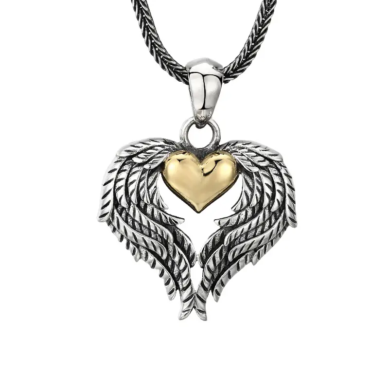 5-925‑sterling‑silver‑vintage‑oxidized‑angel‑wing‑two‑tone‑gold‑heart‑pendant‑white‑background‑hero.jpg Two‑tone 925 sterling silver angel wing pendant with polished gold heart center, vintage oxidized feather details with silver wheat chain on white background