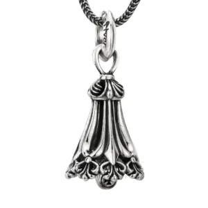 925 sterling silver vintage tassel bell pendant, antique oxidized filigree carving, solid silver charm with wheat chain isolated on white background