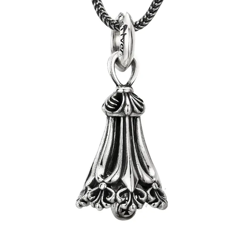 5-925‑sterling‑silver‑vintage‑tassel‑bell‑pendant‑white‑background‑hero‑shot.jpg 925 sterling silver vintage tassel bell pendant, antique oxidized filigree carving, solid silver charm with wheat chain isolated on white background