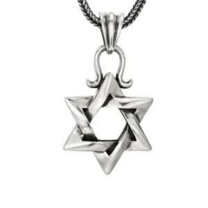 925 sterling silver twisted interwoven Star of David pendant necklace with wheat chain, isolated white background men jewelry