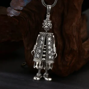 925 sterling silver crystal inlay clown doll pendant with chain on wooden texture background