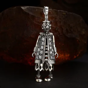 Front view of crystal inlay clown doll 925 sterling silver pendant charm