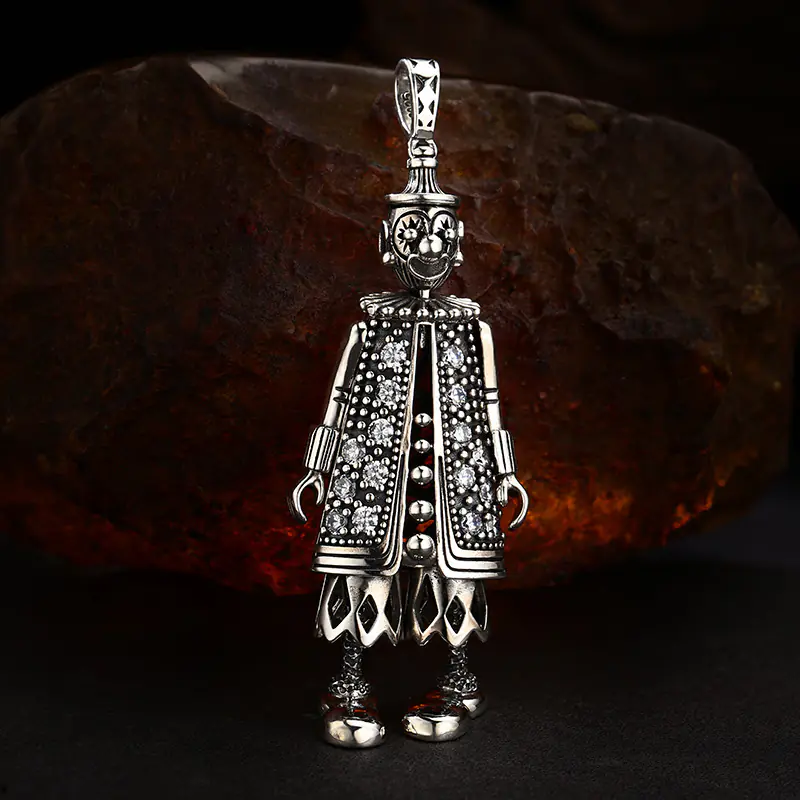Front view of crystal inlay clown doll 925 sterling silver pendant charm