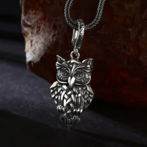 Side angled view of celtic knot owl 925 sterling silver pendant charm
