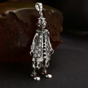 Angled detail shot crystal inlay clown doll 925 sterling silver pendant