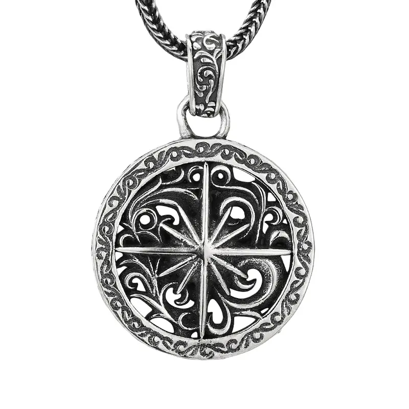 5-retro‑oxidized‑925‑silver‑openwork‑star‑compass‑round‑medallion‑pendant‑white‑background‑hero.jpg Hero shot vintage oxidized 925 sterling silver open‑work star compass round medallion pendant, hollow floral scroll border with silver wheat chain on white background